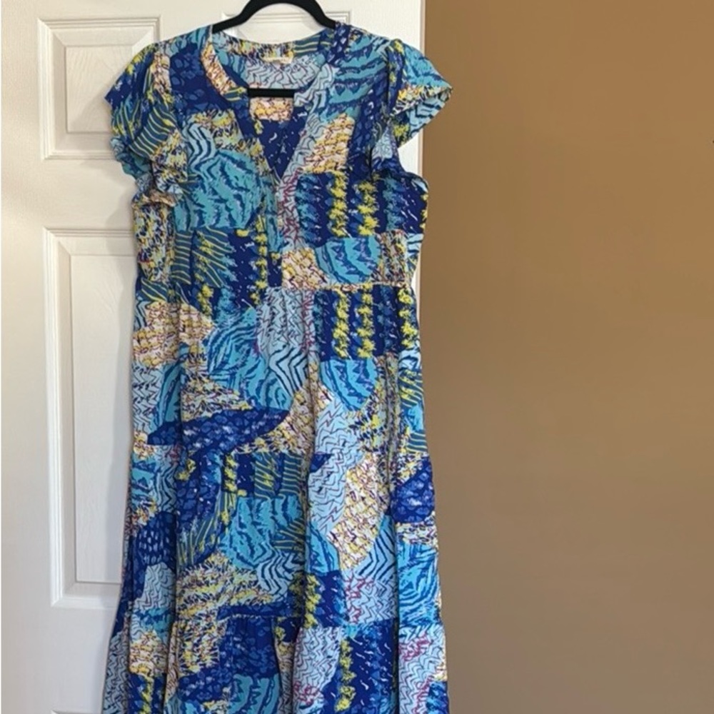 JODIFL Blue and Yellow Casual Midi Dress with Flutter Cap Sleeves